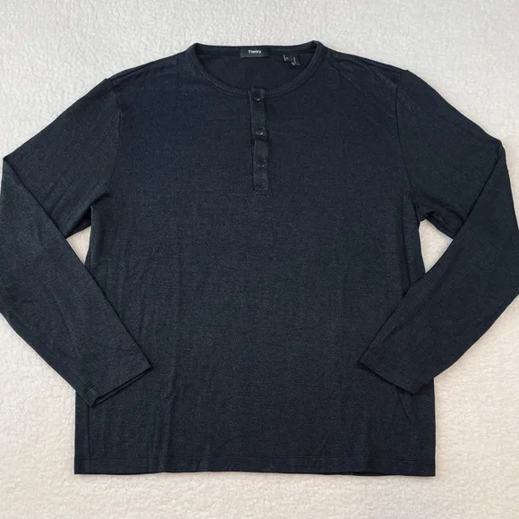 THEORY • Dark Grey Snap-Button Henley Long Sleeve Shirt